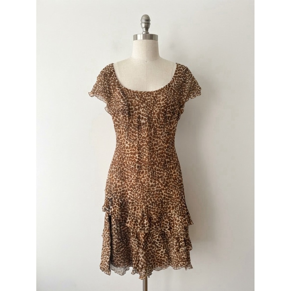 Vintage 90s Robbie Bee Silk Leopard Print Tiered Ruffle Dress Y2K Whimsygoth